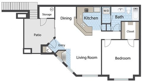Floor plan for 1 bed, 1 bath, 743 sqft